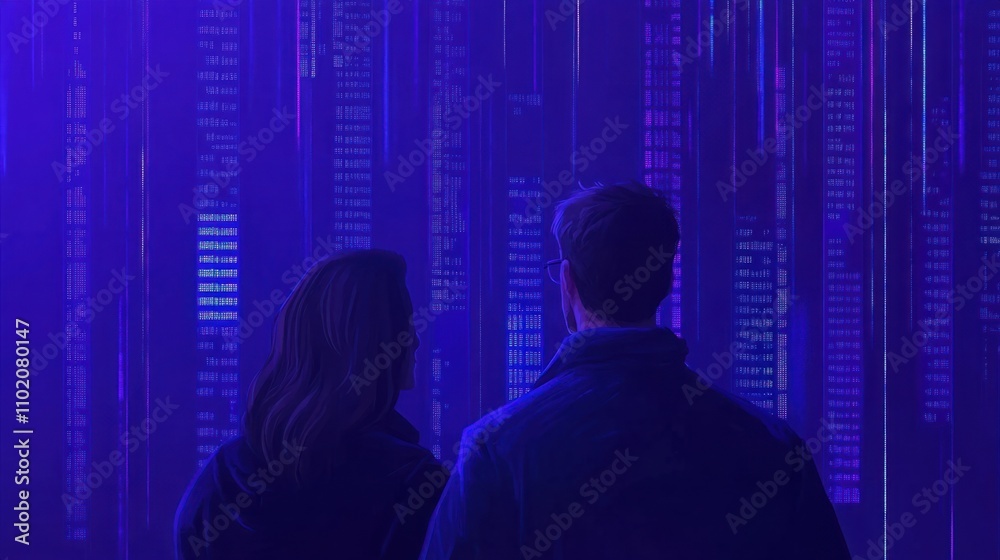 A Couple Facing a Vibrant Data Wall with Abstract Patterns in Blue and Purple Light, Evoking Technology and Digital Future Concepts A Couple Facing a Vibrant Data Wall with Abstract Patterns in Blue and Purple Light, Evoking Technology and Digital Future Concepts