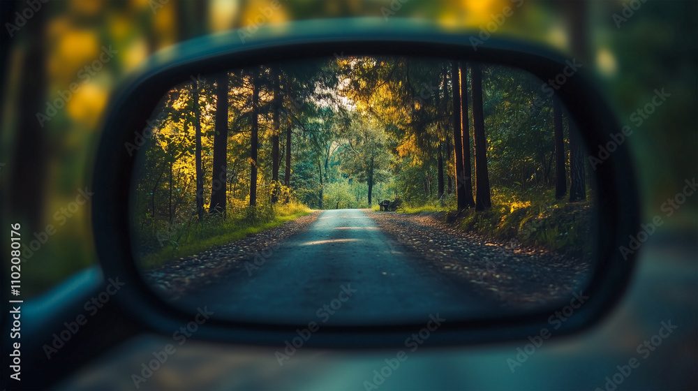 A car's rear view mirror shows a forest road A car's rear view mirror shows a forest road