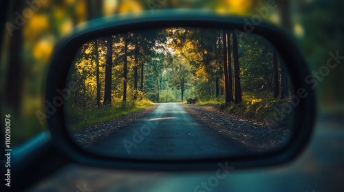 A car's rear view mirror shows a forest road photo