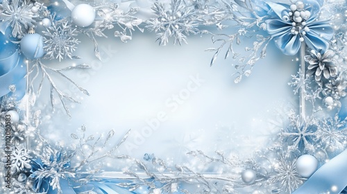 Silver and Blue Christmas Frame with Frosty Snowflakes and Winter Decorations