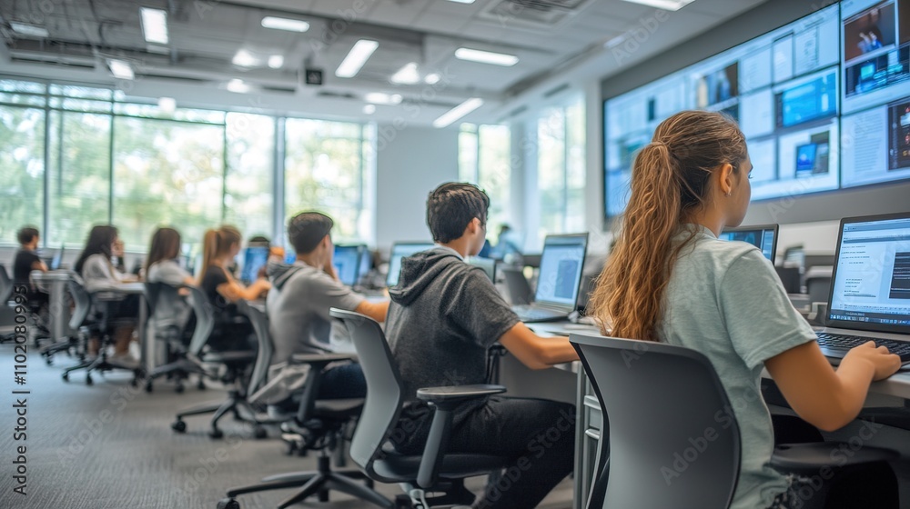 Students Learning in a Modern Classroom with Digital Screens and Technology Students Learning in a Modern Classroom with Digital Screens and Technology
