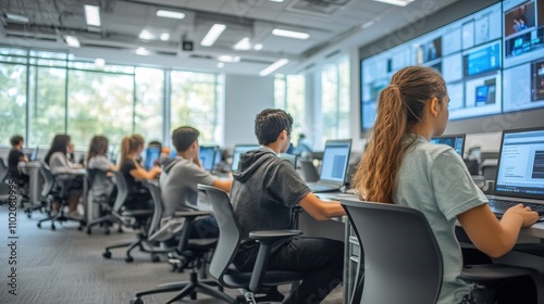 Students Learning in a Modern Classroom with Digital Screens and Technology