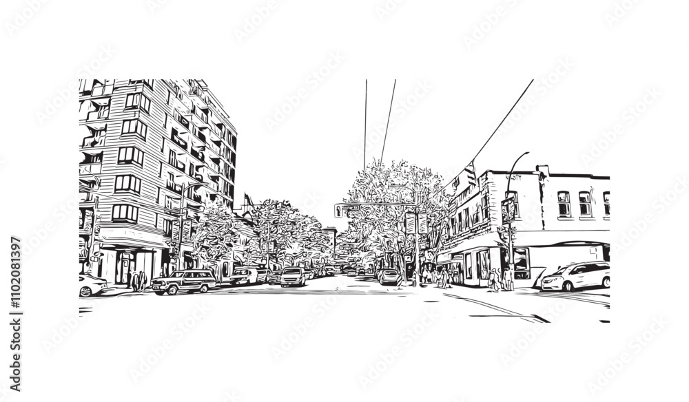 Print Building view with landmark of Vancouver is the city in Western Canada. Hand drawn sketch illustration in vector.