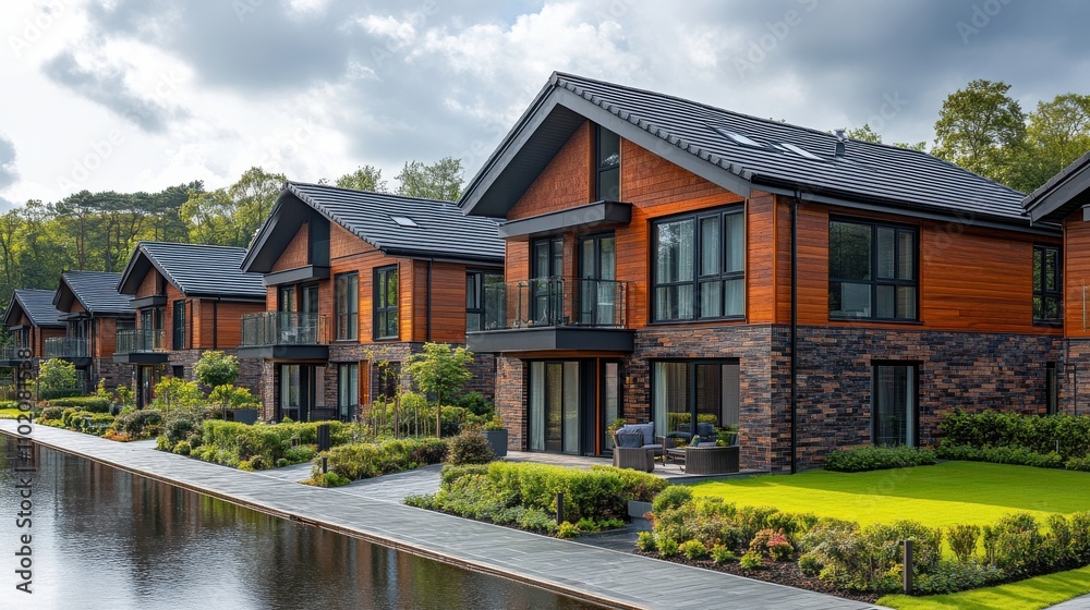 Modern houses with wooden facades by a tranquil lake under a dramatic sky Modern houses with wooden facades by a tranquil lake under a dramatic sky