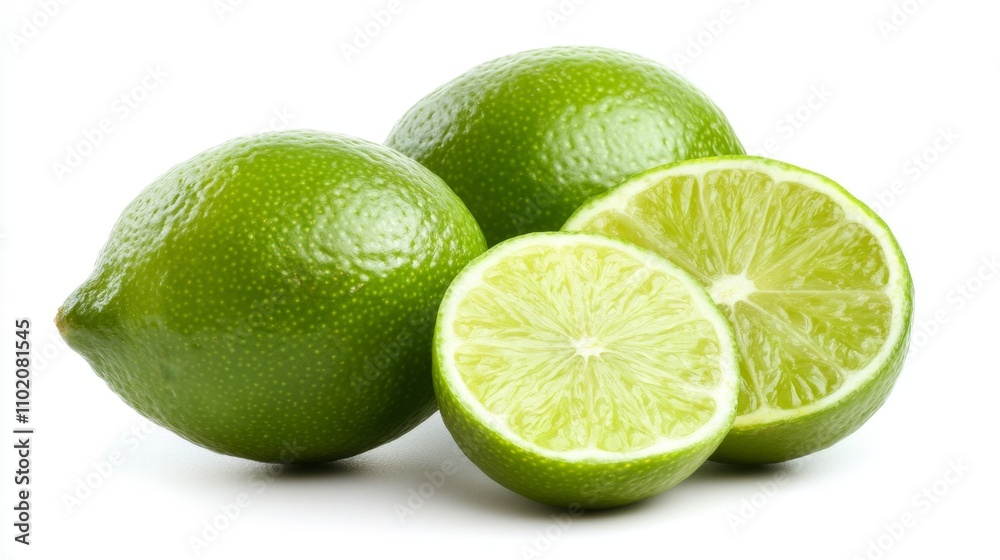 Green lime with cut in half and slices isolated on white background Green lime with cut in half and slices isolated on white background
