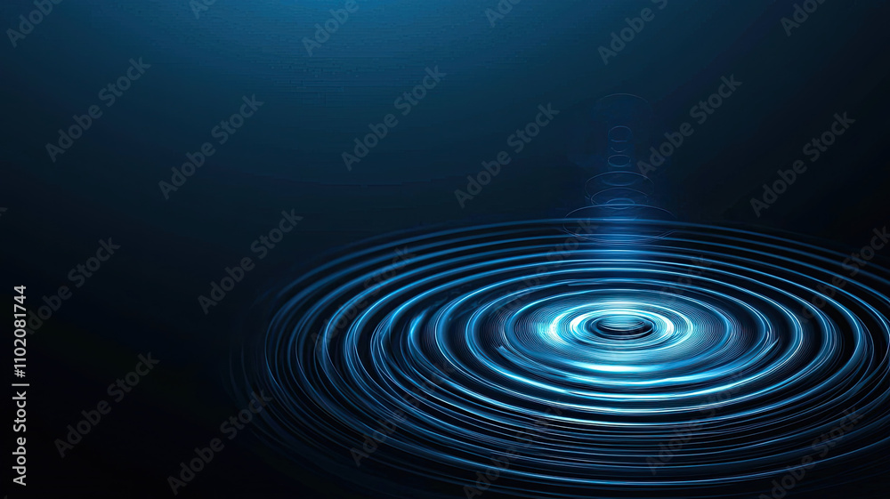 Glowing blue rings radiate on dark background, creating serene effect Glowing blue rings radiate on dark background, creating serene effect