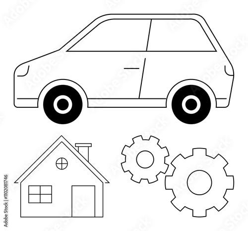 Car outline, house with chimney at bottom left, and three gears on bottom right. Ideal for concepts in transportation, home design, engineering, mechanics, construction, infrastructure