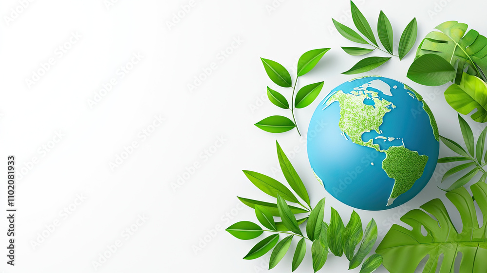 Earth surrounded by green leaves on bright background Earth surrounded by green leaves on bright background