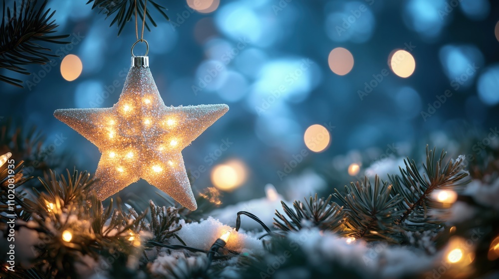 Christmas Star Ornament with Twinkling Lights on Snowy Pine Branch Christmas Star Ornament with Twinkling Lights on Snowy Pine Branch