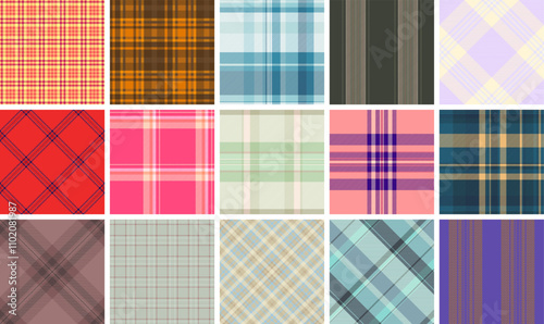 A plaid textile set with striped and check patterns, perfect for rustic shirts, trendy fabric prints, or classic wallpaper.