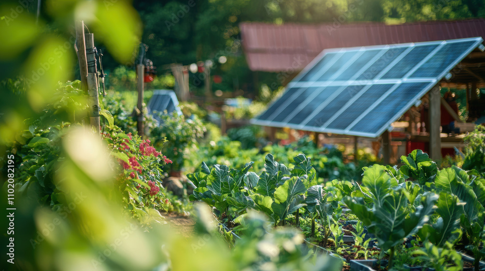 Fototapeta premium vibrant permaculture garden featuring lush green plants and solar panels, showcasing sustainable agriculture and eco friendly practices