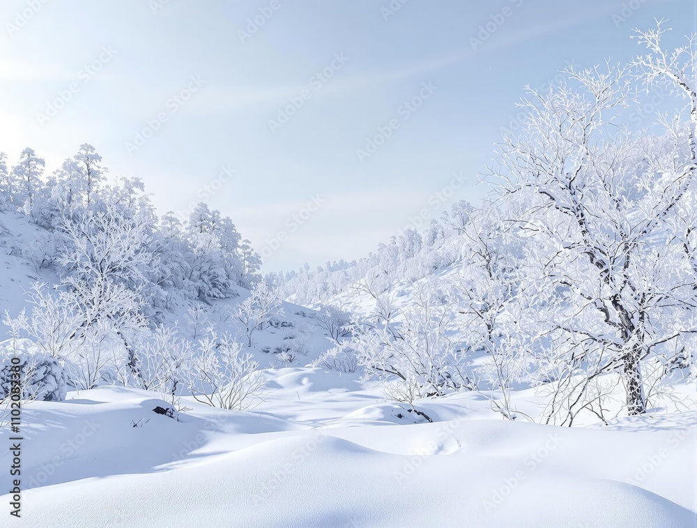 A panoramic shot of an empty snowy valley with bare trees and frosty branches, frozen ground., treeless landscape, frosty woods, winter scene A panoramic shot of an empty snowy valley with bare trees and frosty branches, frozen ground., treeless landscape, frosty woods, winter scene