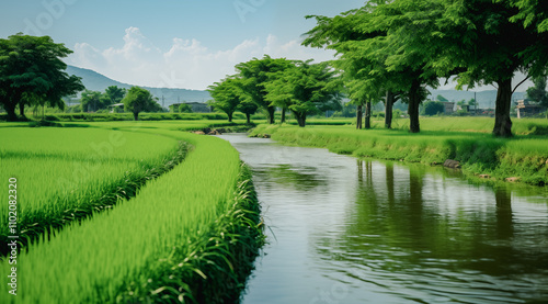 Reflective Waterline Across Lush Green Rice Fields