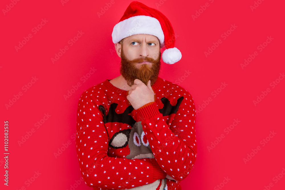 pondering xmas man in santa hat. merry xmas. bearded santa man on xmas holiday isolated on red