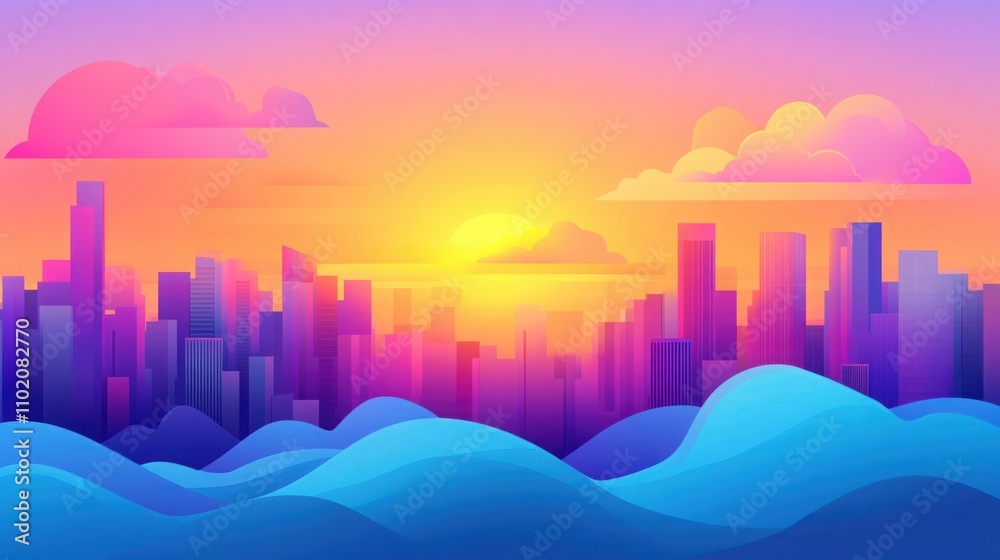 Vibrant Sunrise Over a Colorful City Skyline with Soft Clouds and Rolling Waves in Gradient Hues of Pink, Purple, and Blue, Evoking a Dreamy Atmosphere Vibrant Sunrise Over a Colorful City Skyline with Soft Clouds and Rolling Waves in Gradient Hues of Pink, Purple, and Blue, Evoking a Dreamy Atmosphere