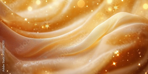 Flowing golden fabric with shimmering light and glowing sparkles