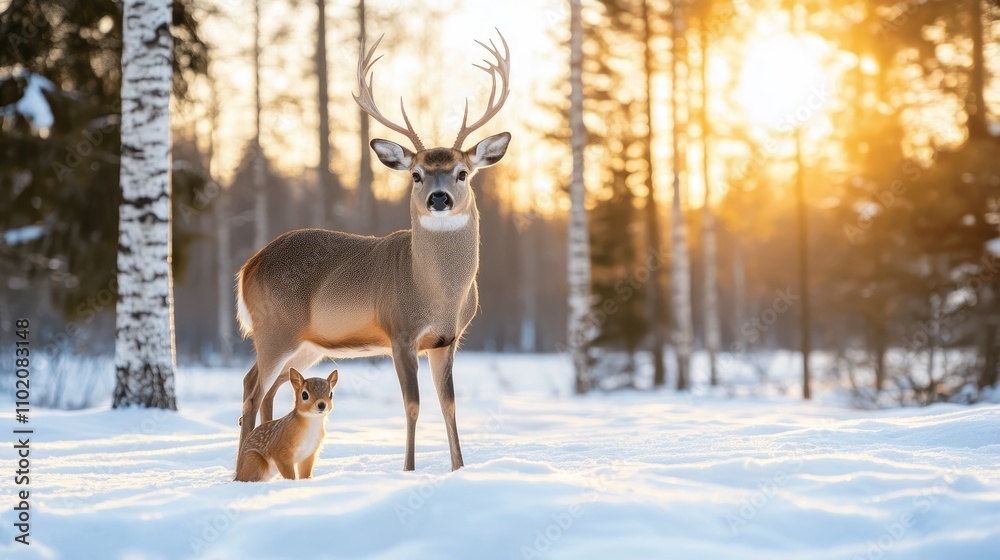 Fototapeta premium A deer gently nuzzles its fawn in a snowy forest setting during twilight. Soft, warm lights twinkle in the background, creating a serene and enchanting atmosphere