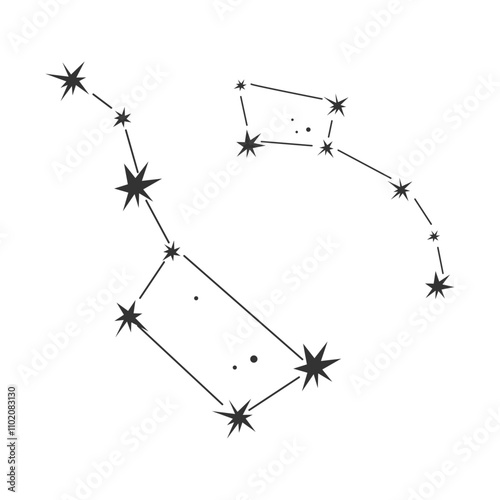 Minimalistic illustration of the Big Dipper and Little Dipper constellations in black and white. Perfect for astronomy, astrology, stargazing, and celestial-themed designs.