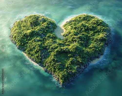 Heart-Shaped Island Surrounded by Clear Blue Water, Lush Greenery, and Beautiful Tropical Landscape Captured from Above in a Serene Coastal Environment