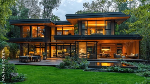 Modern architecture showcases a stunning house surrounded by lush greenery at dusk