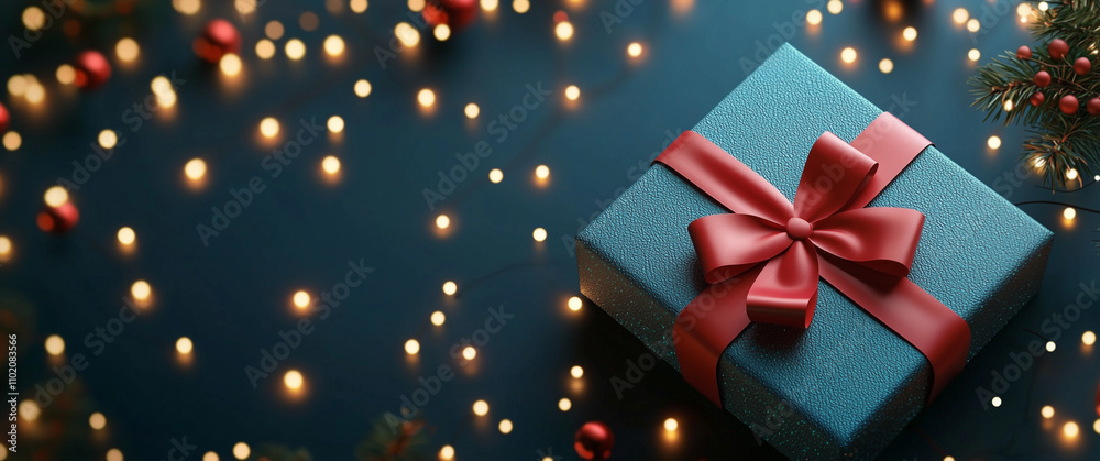 Green gift box with red ribbon and bow on dark green background with golden bokeh lights. New year 2025 2026 copy space concept Green gift box with red ribbon and bow on dark green background with golden bokeh lights. New year 2025 2026 copy space concept