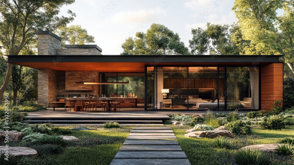 Fototapeta premium Modern house design with expansive glass and natural surroundings in bright daylight