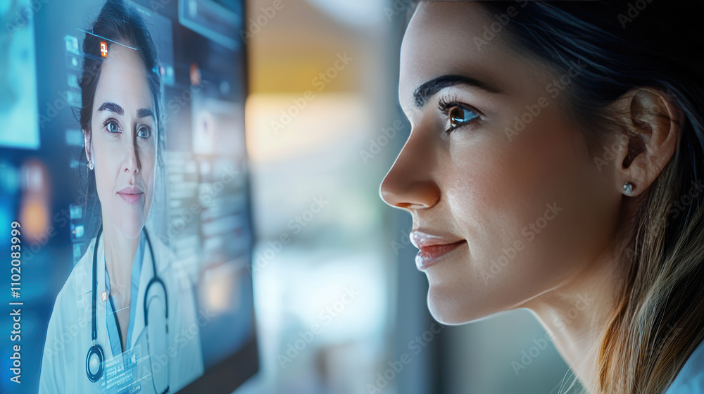 close up of nurse interacting with digital interface, showcasing advanced technology in healthcare. nurse focused expression highlights importance of telemedicine close up of nurse interacting with digital interface, showcasing advanced technology in healthcare. nurse focused expression highlights importance of telemedicine
