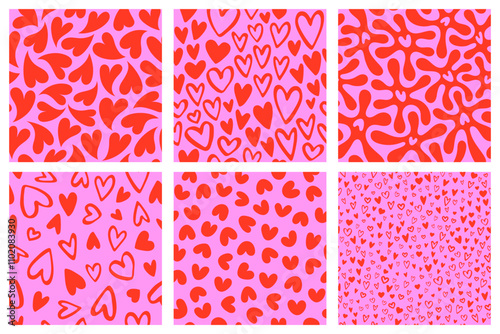 Hearts seamless vector patterns set. Valentine's Day hand drawn trendy red pink backgrounds collection. Hand drawn cute heart shapes, liquid, fluid blobs, blots, silhouettes. 