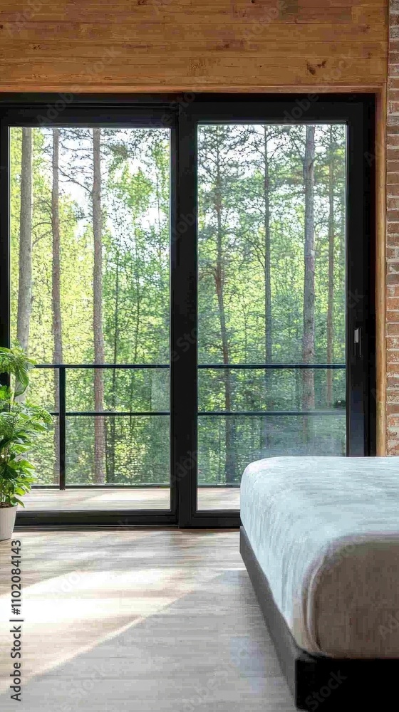 Fototapeta premium A well-designed bedroom features large glass windows revealing a calming view of nature as dusk sets in. Soft lighting and natural elements enhance the cozy ambiance