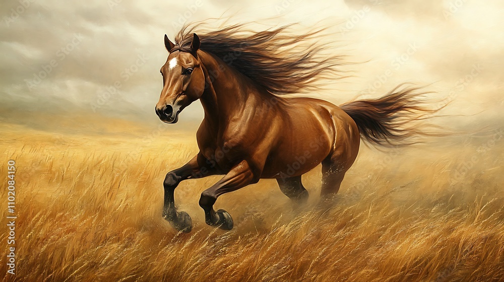 A majestic horse galloping through a golden field under a dramatic sky. A majestic horse galloping through a golden field under a dramatic sky.