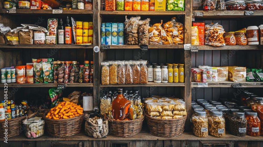 Rustic pantry shelf stocked with various food items and jars Rustic pantry shelf stocked with various food items and jars