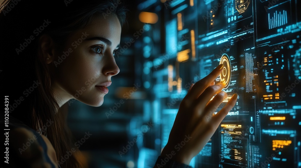 Businesswoman Interacting with Holographic Data Interface Businesswoman Interacting with Holographic Data Interface