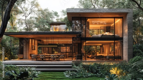 Modern house design blending with nature in a lush green landscape