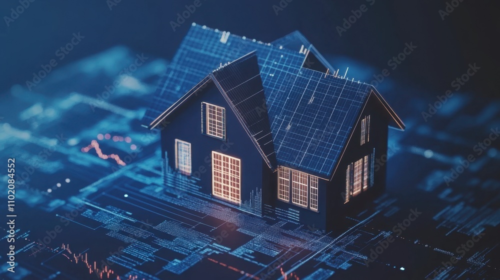 Modern House Model with Solar Panels on Digital Background