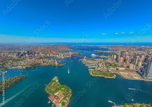 Aerial View of Sydney Harbour Balmain Darling harbour Sydney CBD cockle Bay Wharf North Sydney harbour bridge Lavender Bay Milsons Point Manly on a warm summer day blue skies 