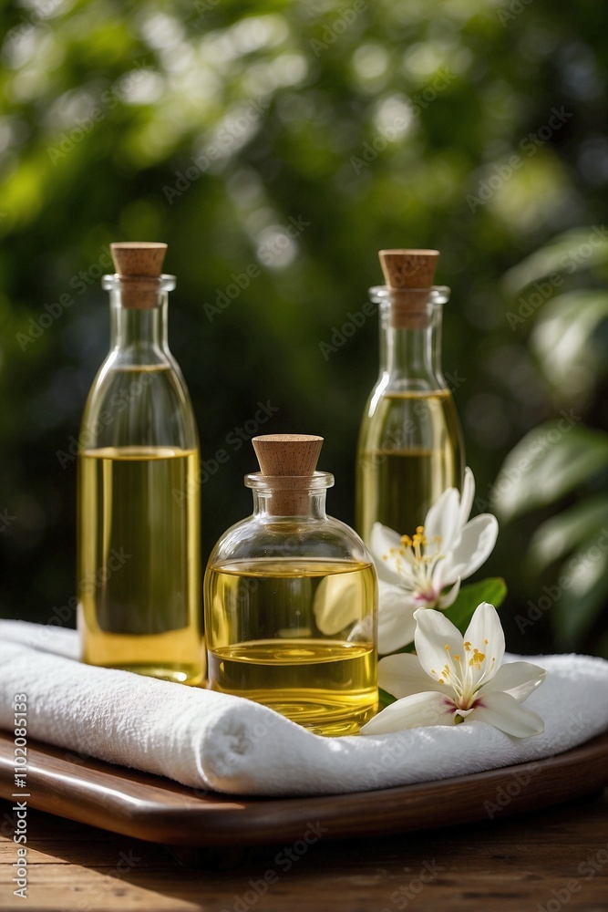 Pair of Massage Oil Bottles on a Table in a Spa Salon Creating a Relaxing Atmosphere Pair of Massage Oil Bottles on a Table in a Spa Salon Creating a Relaxing Atmosphere