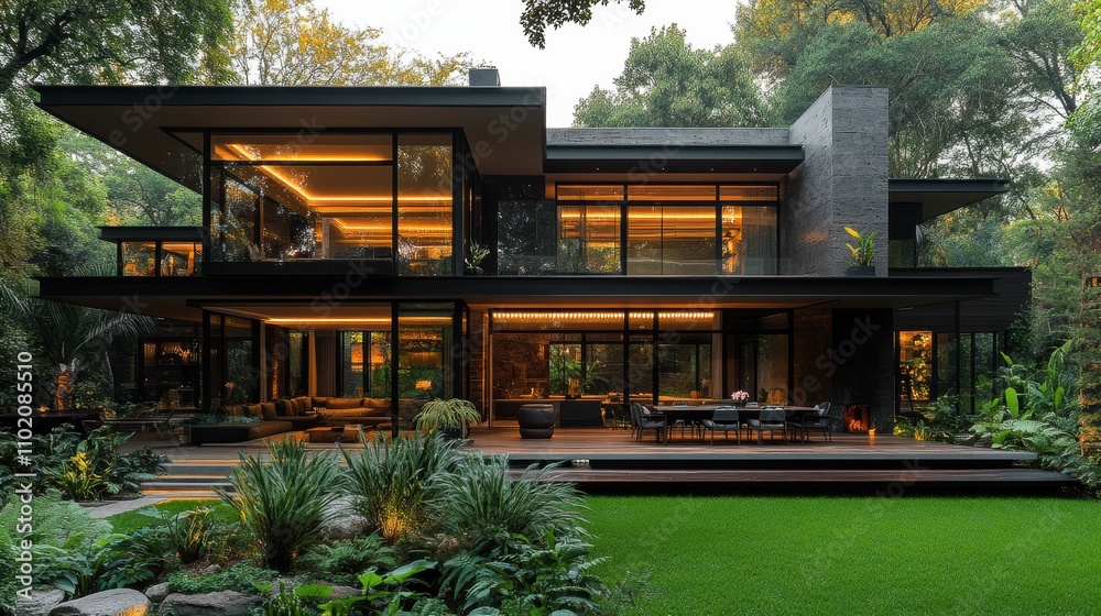 Modern house surrounded by lush greenery and illuminated in the evening light Modern house surrounded by lush greenery and illuminated in the evening light
