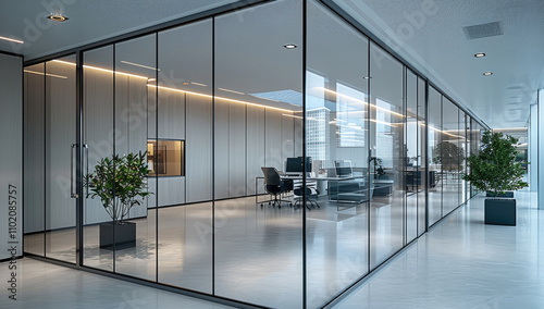 Modern Interior design of an open office with glass partitions and management office.