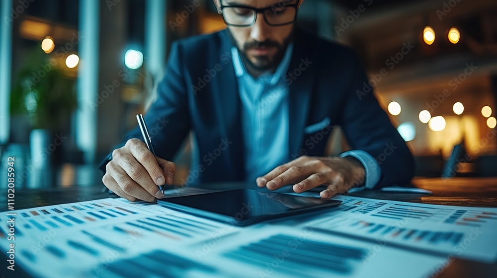 Businessman Analyzing Financial Data on Tablet Businessman Analyzing Financial Data on Tablet