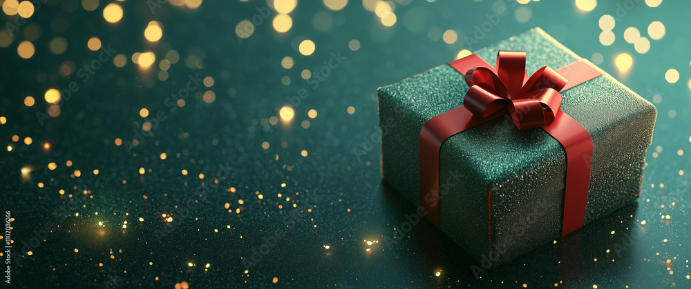 Green gift box with red ribbon and bow on dark green background with golden bokeh lights. New year 2025 2026 copy space concept Green gift box with red ribbon and bow on dark green background with golden bokeh lights. New year 2025 2026 copy space concept