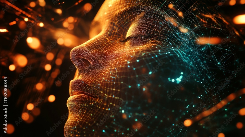 A serene AI-generated human face in close-up, featuring intricate ...