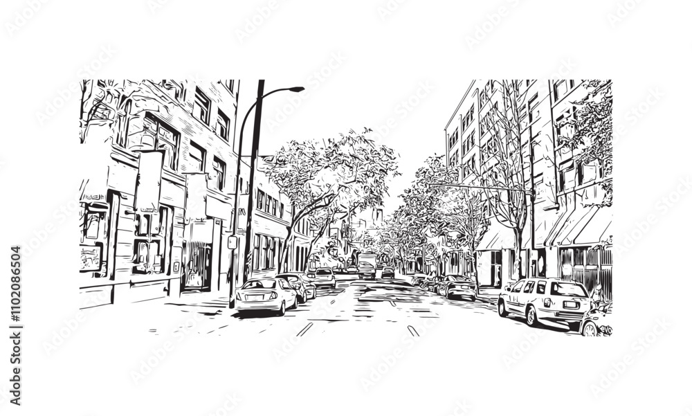Print Building view with landmark of Vancouver is the city in Western Canada. Hand drawn sketch illustration in vector.