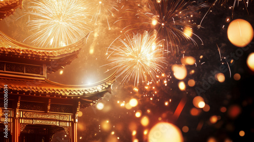 Vibrant fireworks illuminate traditional asian temple at night celebration