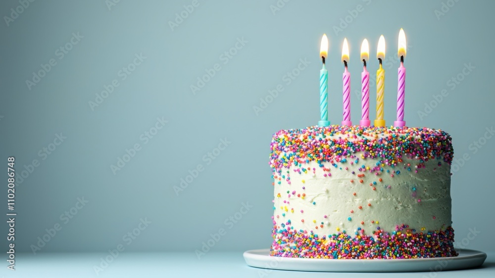 Birthday cake celebration with colorful candles home kitchen food photography festive atmosphere close-up view joyful moments