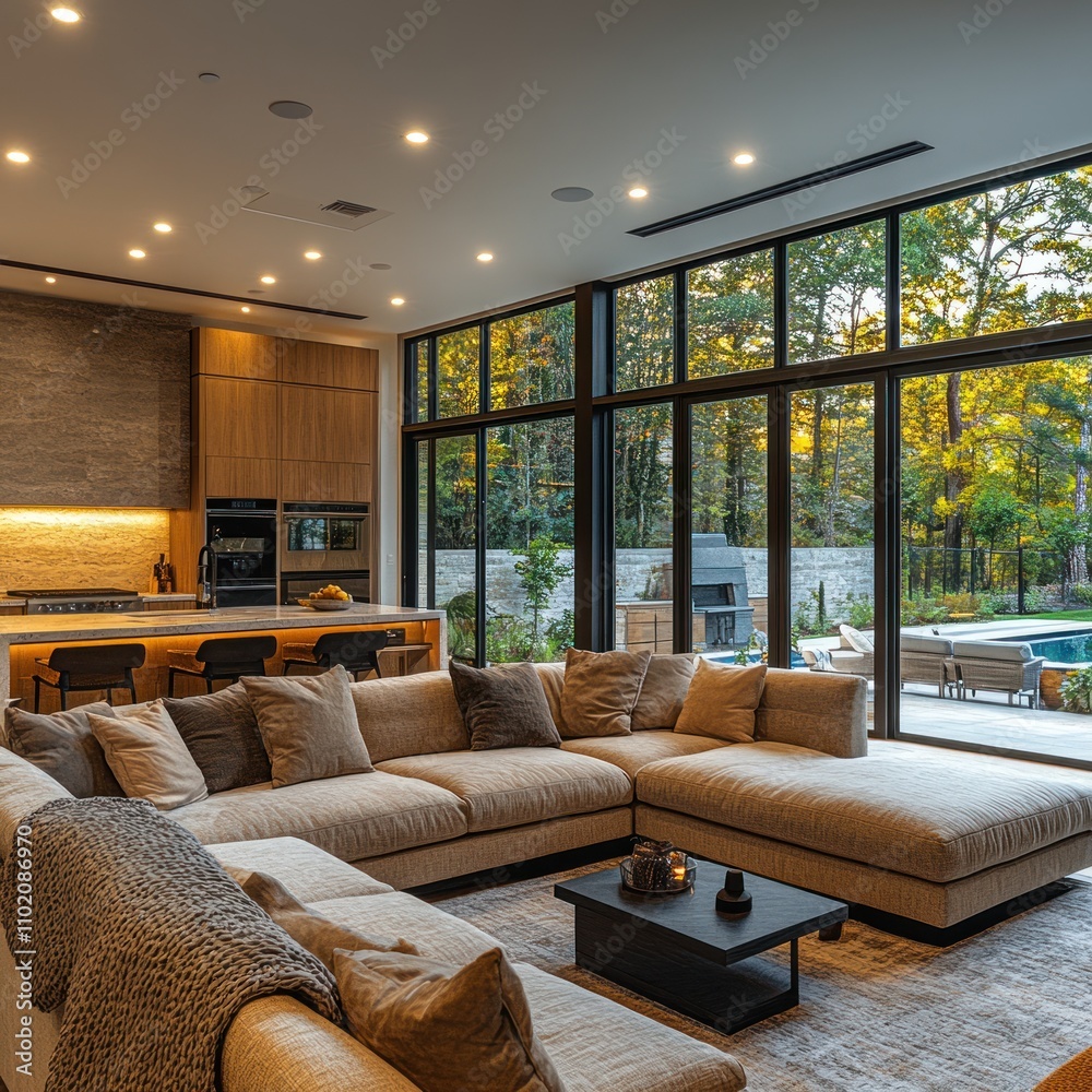 Modern Living Room Design With Large Windows And Outdoor Pool View Modern Living Room Design With Large Windows And Outdoor Pool View