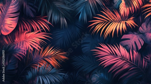 Dark moody tropical leaves background.
