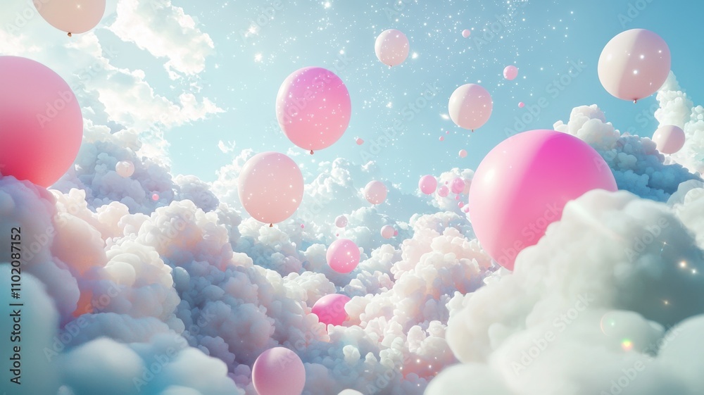 Balloons floating above dreamy clouds fantasy landscape digital art bright sky whimsical scene for imagination and joy Balloons floating above dreamy clouds fantasy landscape digital art bright sky whimsical scene for imagination and joy
