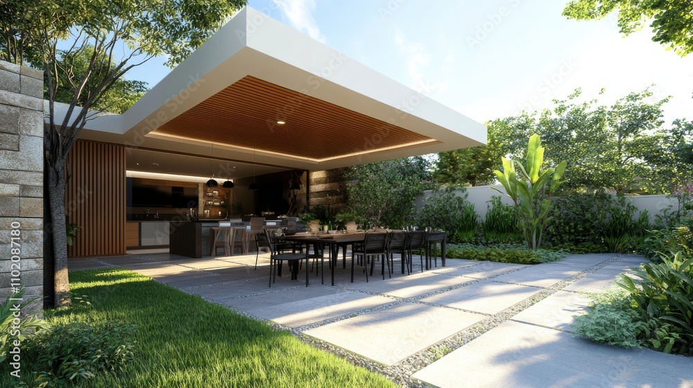 Fototapeta premium Modern outdoor dining area in a tranquil garden setting with lush greenery and sunlight