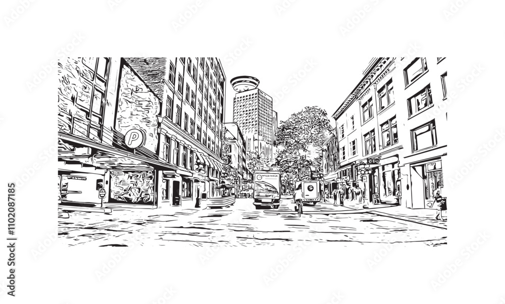 Print Building view with landmark of Vancouver is the city in Western Canada. Hand drawn sketch illustration in vector.