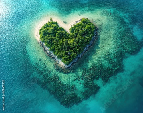 Serene Aerial View of Heart-Shaped Island Surrounded by Crystal Clear Waters and Lush Greenery, Perfect for Romantic Getaways and Tropical Vacations